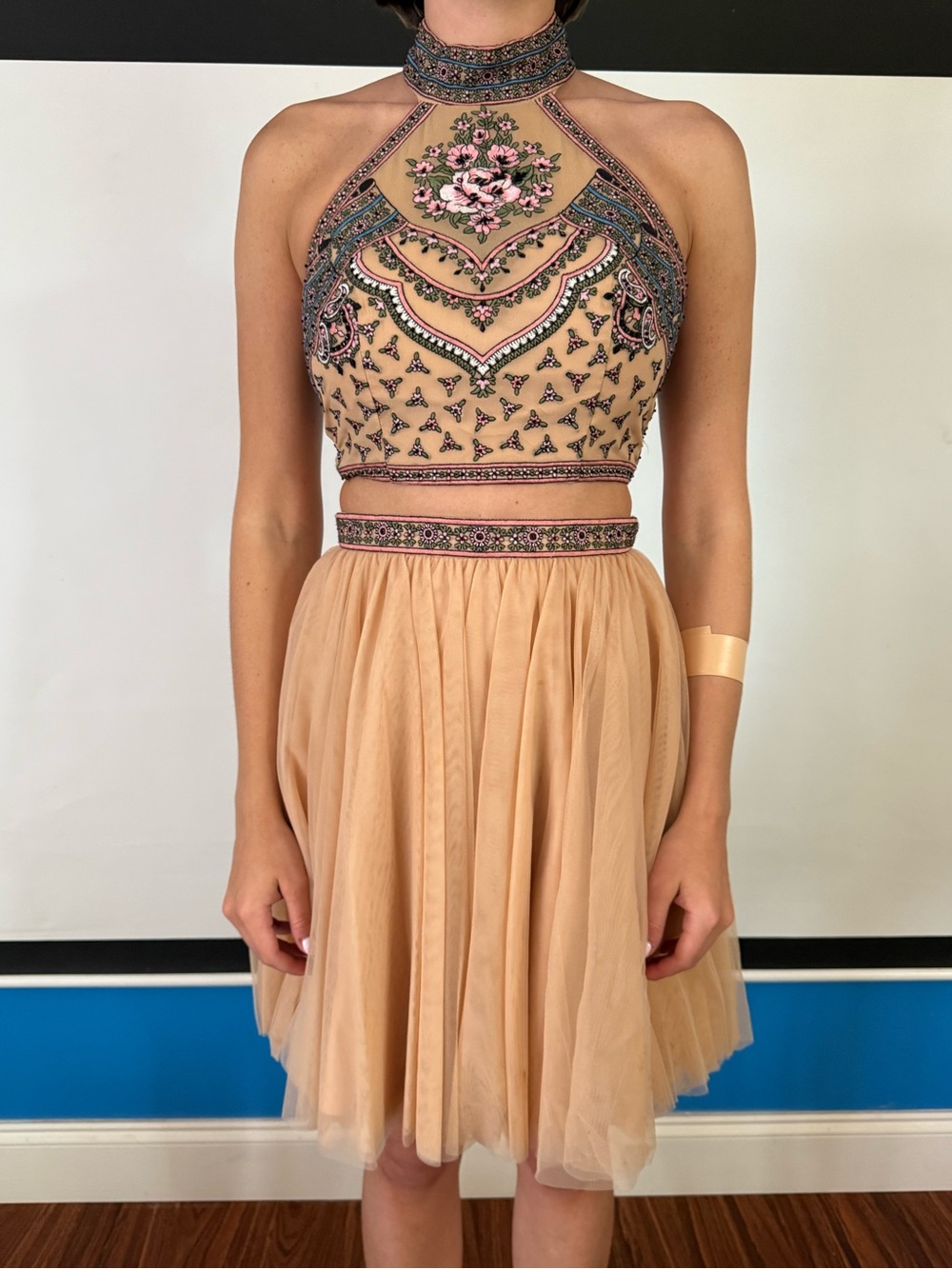 Sherri Hill Embroidered Halter Fit & Flare Dress in Blush
